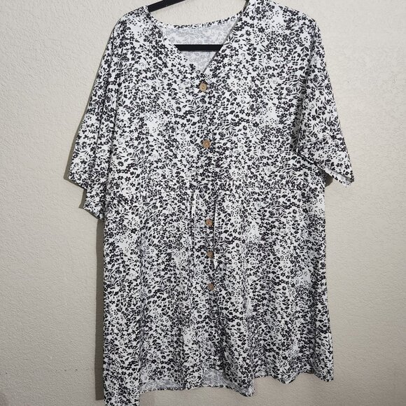 Black & White Floral Button-Front Womens Dress With V-Neck & Short Sleeves Flowy - Picture 1 of 13